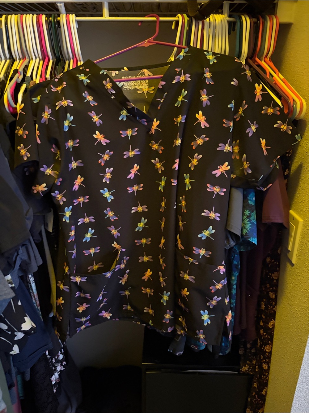 Black Floral Dragonfly V-Neck Women's Top
